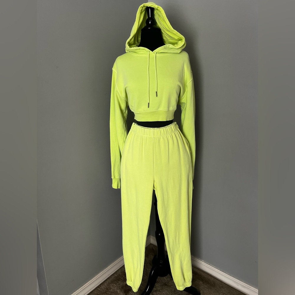 F21 Neon Lime Washed Effect Cropped Hoodie & Jogger Set